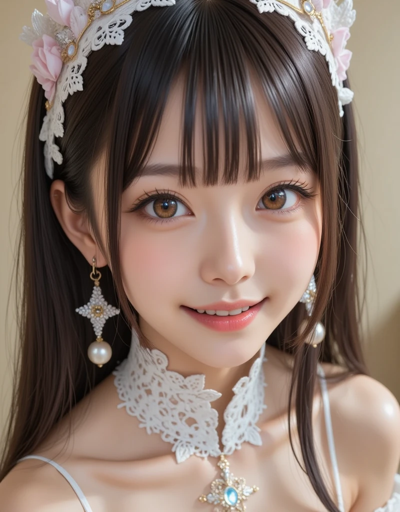 (masterpiece,best quality:1.4),(absurdres:1.3),((8k)),((super resolution:1.4)),(raw photo,photo realistic:1.2),(shiny skin),extremely detailed skin,detailed face,detailed eyes,sparkling eyes,Detailed hand,Detailed Hair,Detailed Background,Symmetrical eyes,Beautiful costume coloring,((Subculture Lolita Fashion)),,(detail stage costumes,Rakuten market, TEMU,online shopping, design,Lolita Fashion),((Detailed ,Tokyo Dome, Yokohama Arena Concert,stage)),cleavage,12yo,young,1 girl,cowboy shot,Japanese idol,extremely beautiful face,brown hair,Hair ornament, fair-skinned ,random hairstyle,Professional,crouch,Front view from below:1.3,