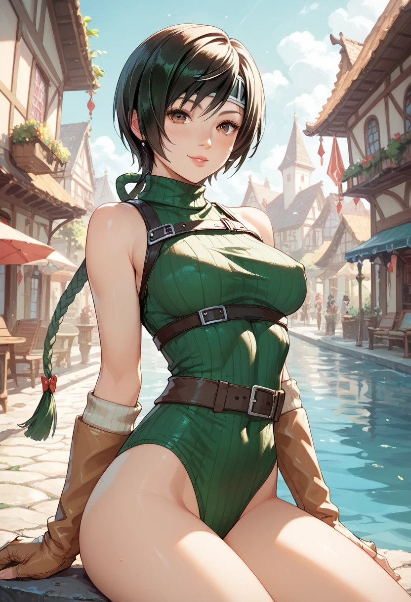((full-body photo, feet on the ground, front view)). Princess Zelda, {big breasts, red cheeks, red lipstick on her mouth, looking at the viewer}, {((black outfit with gold trim/maid's outfit with short shorts)}, she's bathing in a waterfall in an open area falling water, clothes and hair soaked. She has {((short green hair, blue eyes, looking at the viewer, smiling)}, anime, anime style, motion blur, 16k, high quality, super detail, textured skin, anatomically correct, masterpiece, masterpiece, masterpiece, UHD, ccurate