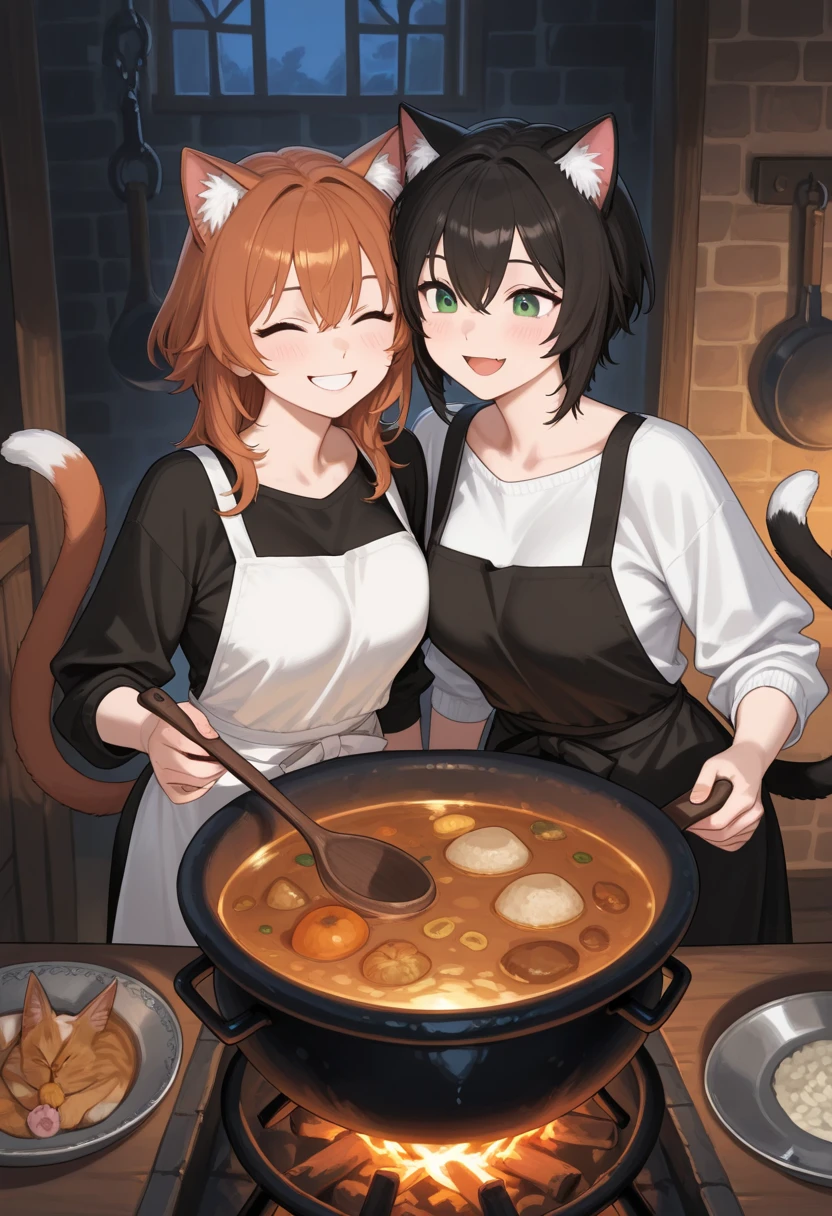 best quality, (masterpiece),(ultra-detailed), (high quality), (high resolution), (2heads:1.5) teenage girl, ((both having yellow orange hair)), orange minidress, orange maid outfit blue shorts, ((catgirl)), cat ears, cat tail, pink eyes, green eyes, Italian restaurant, pizza