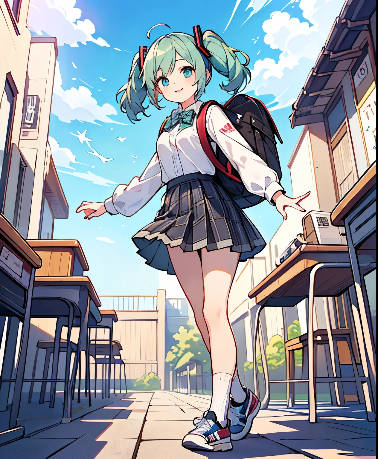 (masterpiece、最high quality、最high quality、Official Art、beautiful beautiful:1.2)、(1 girl on break day:1.3)Hatsune Miku、beautiful胸、light green twin tail、very detailed from below si, high quality, masterpiece, beautiful, Motion Trail, MotionTrail, solo, full body,(table top:1.3), beautiful顔, beautiful髪型, Detailed and beautiful eyes, beautiful肌, charm, Ultra A High Resolution, surreal, Very well detailed, Shining Eyes, (Faint lips:1.2), (A breeze of fresh air:1.3), (Medium messy hair, bungs:1.3), ( face and leg shots :1.3), (standing, sidemap), (smile:1.2), ( white long sleeve button down shirt , black school ankle socks, Adidas_sneakers, Plaid Pleated Midi Skirt , School Bowtie:1.3), (rucksack:1.2),(Japanese Girl:1.2), (idol:1.3)、(uniform)、street, (ren'pants) ), Girl floats off smartphone screen