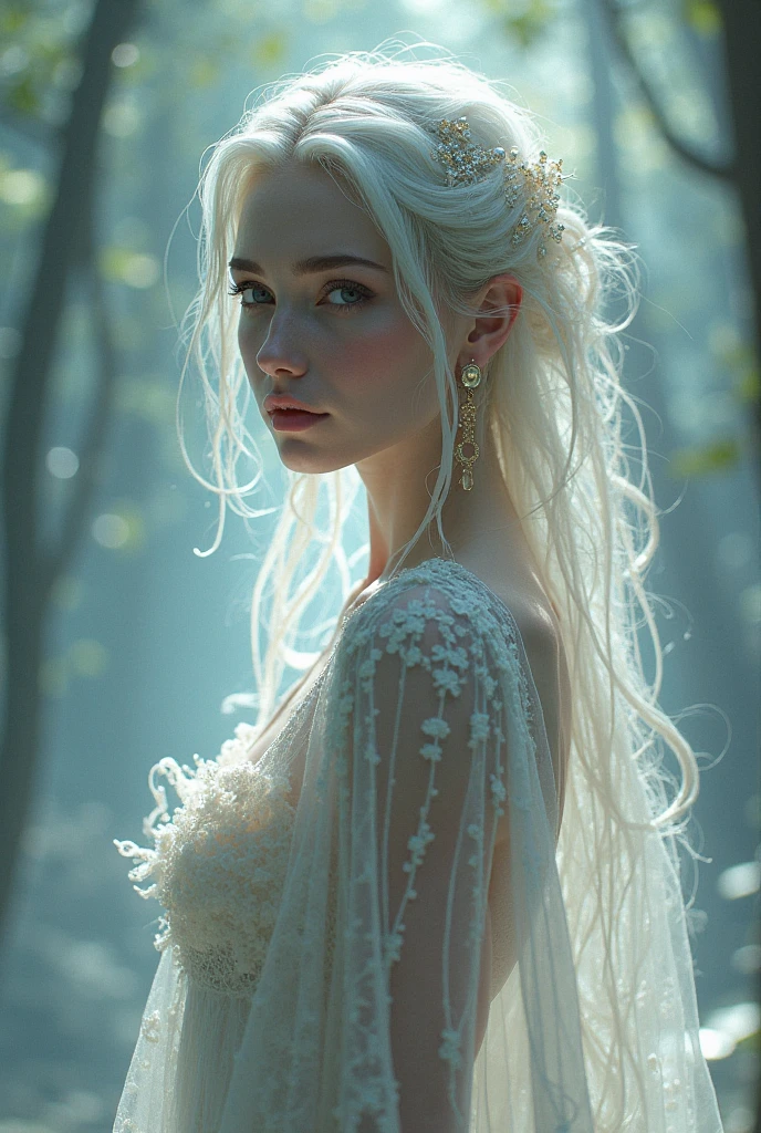 work of art),(High texture and pigmentation of the skin of the eyes and face).(8 k quality).((Uma linda mulher com um perfectbody, big-ass, Waist slender, with skin as white and delicate as jade, with very long platinum hair, blue colored eyes, With silver ornaments with blue jewels on the head and forehead, perfectbody, breasts big, waits anxiously in a magical fairytale forest.)((in the position on all fours.)Wearing a beautiful fitted dress with a side neckline, White Transparent Lace, Leaves your breasts slightly visible,((with a serene and calm expression, com um leve sorriso, looking back on all fours.)((under a sakura tree.)(White halo over your head.)( with your ass up high)