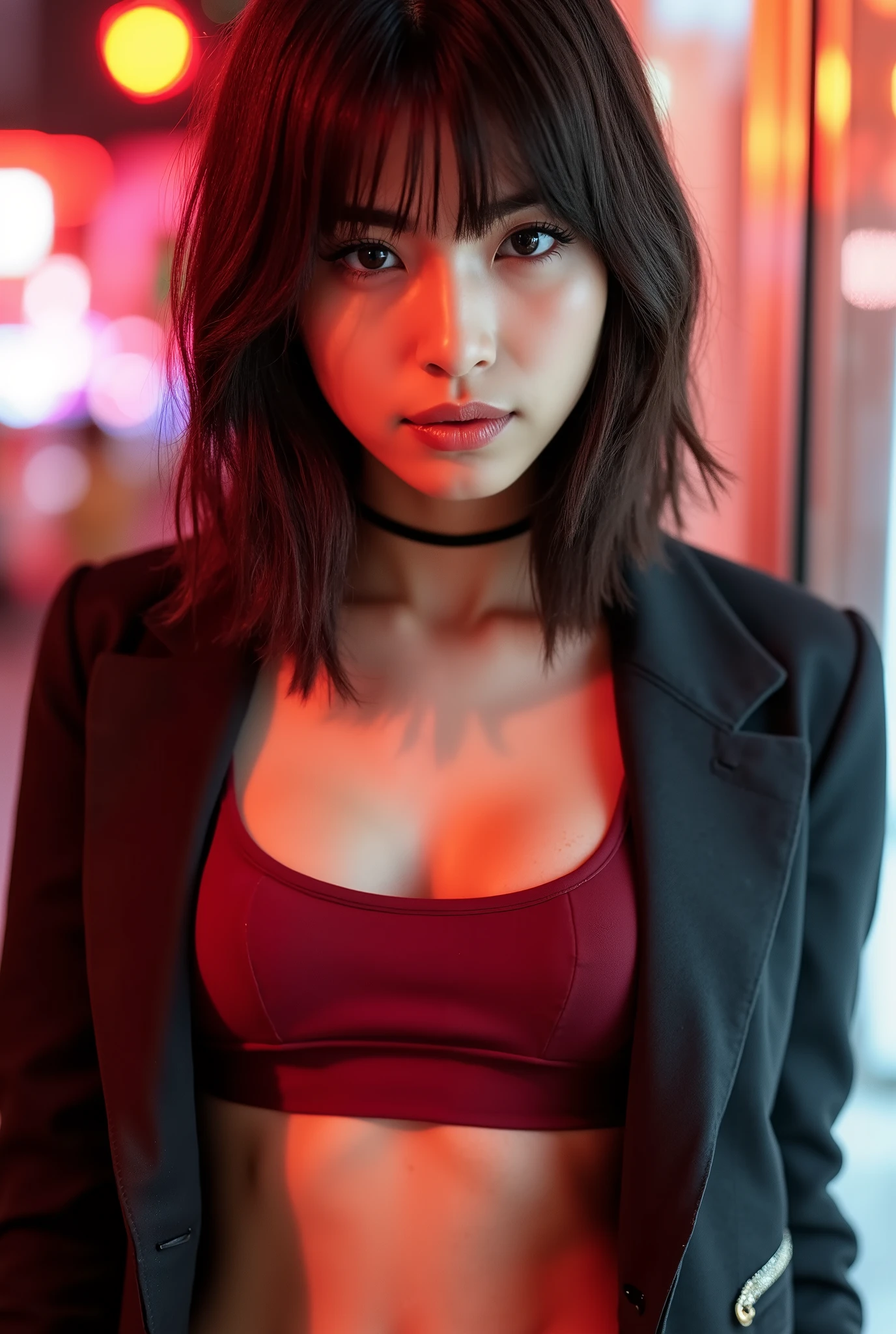 Create a full-body photo collection featuring a Japanese idol girl with fair skin. She has a slim figure, small breasts and slim legs. She should showcase a bad girl aesthetic with bold makeup and striking outfits. The girl should be looking directly at the camera, striking a strong pose that conveys confidence and attitude.