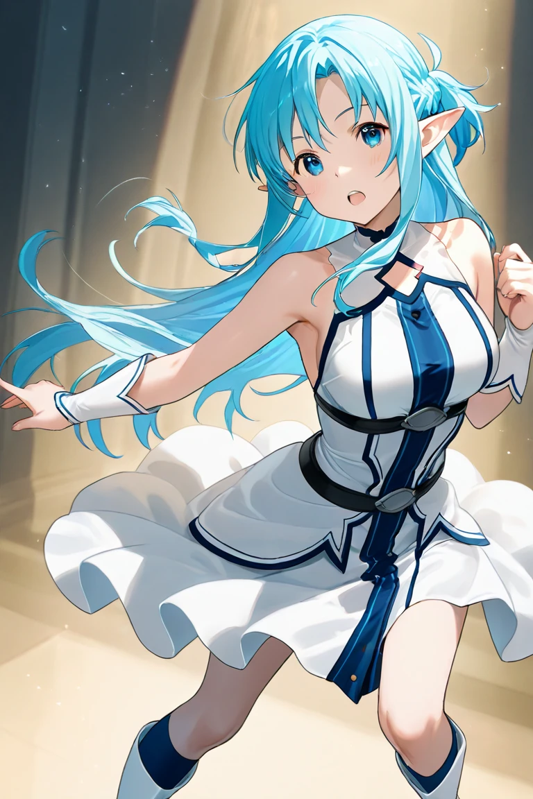 hatsuneMiku、(ultra Realistic), (An illustration), (Highres), (8K), (highlydetailed), (the best illustration), (Beautiful Detailed Eyes), (beste Quality), (Super Detailed), (Master peace), (Wallpapers), (Detailed Face), solo, 1girl, Aristocratic dresses、White hair, Iris heterochromatic eyes, small moles under eye, (medium chest:1.3), Long legs, Stunning composition,Beautiful leg, detailed legs