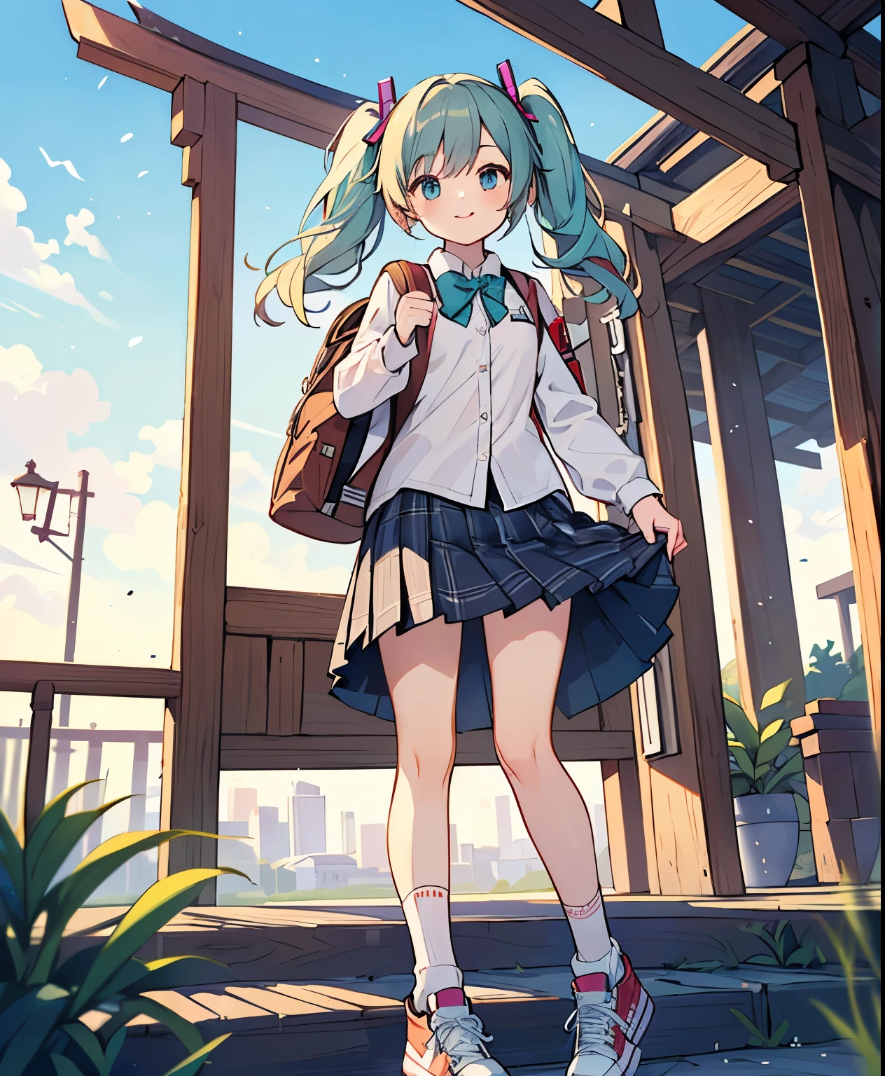 (masterpiece、最high quality、最high quality、Official Art、beautiful beautiful:1.2)、(1 girl on break day:1.3)Hatsune Miku、beautiful胸、light green twin tail、very detailed from below si, high quality, masterpiece, beautiful, Motion Trail, MotionTrail, solo, full body,(table top:1.3), beautiful顔, beautiful髪型, Detailed and beautiful eyes, beautiful肌, charm, Ultra A High Resolution, surreal, Very well detailed, Shining Eyes, (Faint lips:1.2), (A breeze of fresh air:1.3), (Medium messy hair, bungs:1.3), ( face and leg shots :1.3), (standing, sidemap), (smile:1.2), ( white long sleeve button down shirt , black school ankle socks, Adidas_sneakers, Plaid Pleated Midi Skirt , School Bowtie:1.3), (rucksack:1.2),(Japanese Girl:1.2), (idol:1.3)、(uniform)、street, (ren'pants) ), Girl floats off smartphone screen