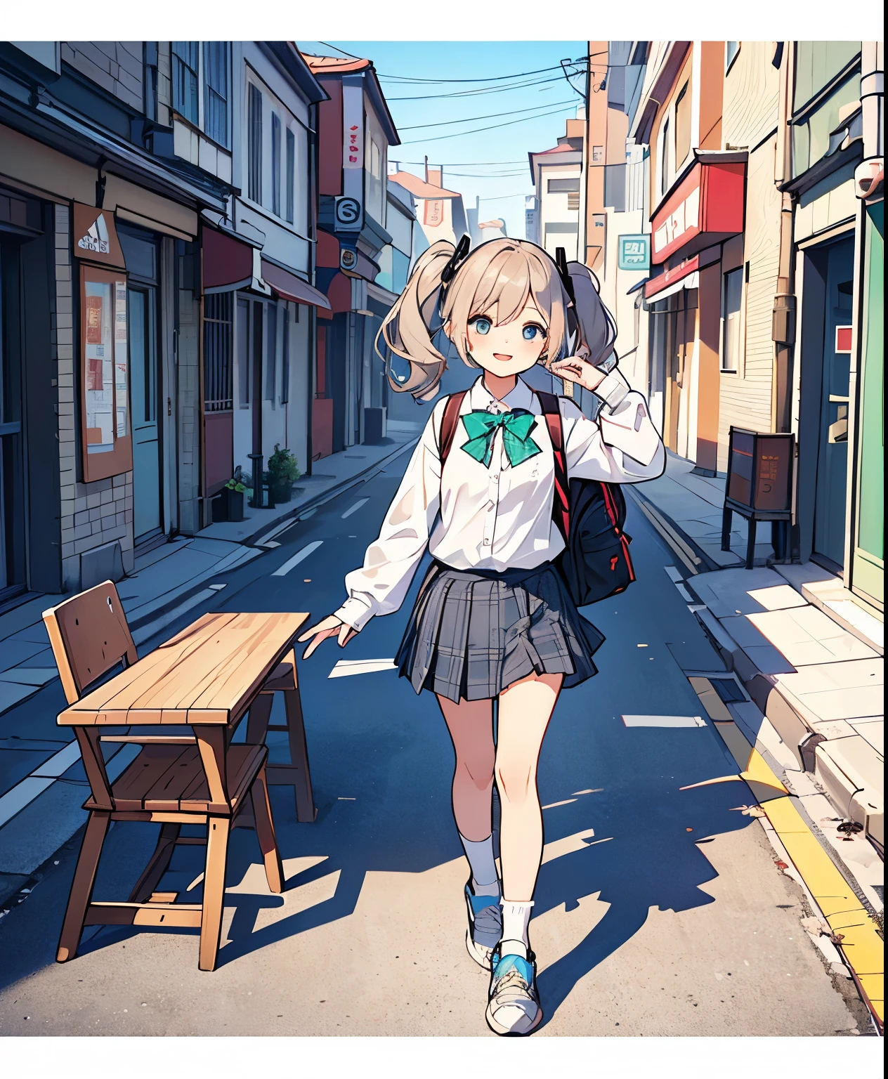 (masterpiece、最high quality、最high quality、Official Art、beautiful beautiful:1.2)、(1 girl on break day:1.3)Hatsune Miku、beautiful胸、light green twin tail、very detailed from below si, high quality, masterpiece, beautiful, Motion Trail, MotionTrail, solo, full body,(table top:1.3), beautiful顔, beautiful髪型, Detailed and beautiful eyes, beautiful肌, charm, Ultra A High Resolution, surreal, Very well detailed, Shining Eyes, (Faint lips:1.2), (A breeze of fresh air:1.3), (Medium messy hair, bungs:1.3), ( face and leg shots :1.3), (standing, sidemap), (smile:1.2), ( white long sleeve button down shirt , black school ankle socks, Adidas_sneakers, Plaid Pleated Midi Skirt , School Bowtie:1.3), (rucksack:1.2),(Japanese Girl:1.2), (idol:1.3)、(uniform)、street, (ren'pants) ), Girl floats off smartphone screen