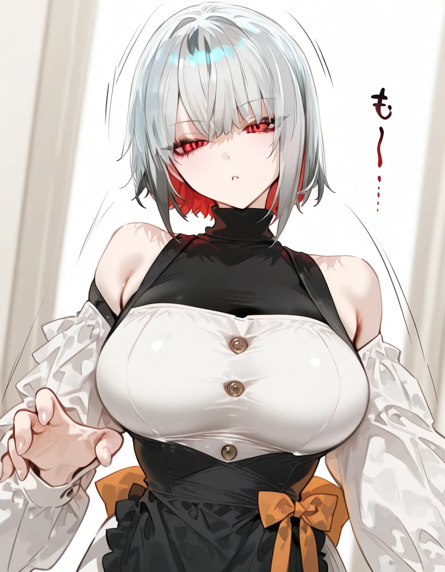 masterpiece, best quality, AliceKV4, 1girl, solo, looking at viewer, smile, anime coloring,((((upper body)))), (blushed, healthy skin), blood on face, breasts, bare shoulders, sleeveless, (constricted pupils), ((waitress, blood)), ((bdsm)), white hair, detailed eyes