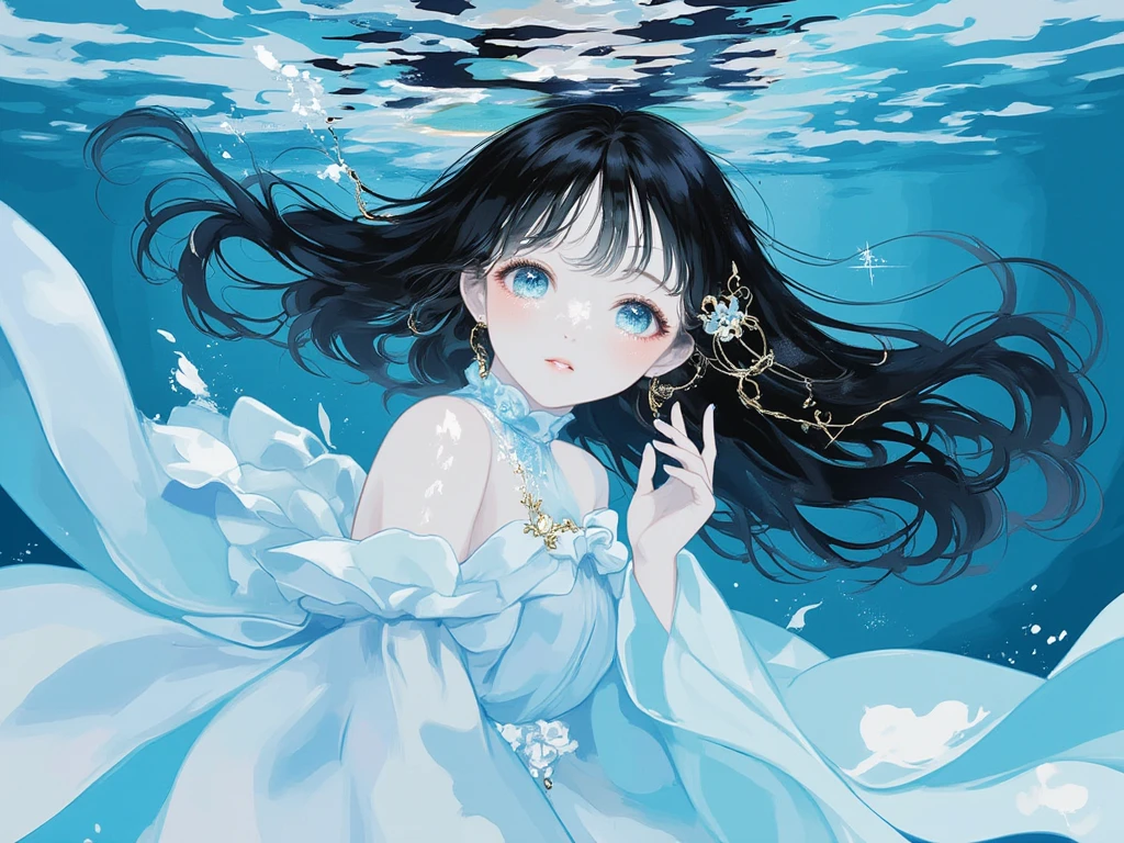 (Dramatic angle,Dynamic angle), (best quality,4k,8k,highres,masterpiece:1.2), (A 7 year old girl:1.2), (Very young little girl), (alone), (small breasts), eyes closed, original photo, Atmospheric distance perception, Aesthetic, complex, won, cybernetic enhancement, chiaroscuro, best quality, Detailed background, (underwater atmosphere:1.2), (girl wearing white very long silk dress:1.2),Beneath the surface, the little girl's world turns serene, her bare feet no longer touching the sandy floor. Her gown, a canvas of white, billows around her like a cloud, the skirt expanding in an underwater ballet. Each layer of the dress' skirt, light as gossamer, flutters with the subtle currents, creating a silent, slow-motion spectacle,The fabric, once structured by the air, now undulates with the water's caress, its folds and flounces taking on a life of their own. The skirt's hem, once brushing against the beach, now sways with the rhythm of the aquatic realm, its edges rippling like the softest of waves. The dress, once a terrestrial adornment, has transformed into an aquatic masterpiece, its white a stark contrast to the deep blues and greens that surround it,As she sinks deeper, the dress' skirt envelops her in a cocoon of elegance, the delicate fabric floating around her like a halo of lace and tulle. Tiny bubbles escape from the dress's folds, adding a sparkling (embellishment) to the underwater scene. The light filtering through the water above casts a soft, ethereal glow through the translucent skirt, highlighting the intricate patterns of the fabric as it moves with the flow of the water. Her hair, like a dark halo, fans out around her head, mingling with the floating strands of her dress, creating a vision of harmony between the girl and the aquatic environment. The little girl, a vision of innocence and grace, becomes one with the water, her white dress a symbol of purity amidst the depths.