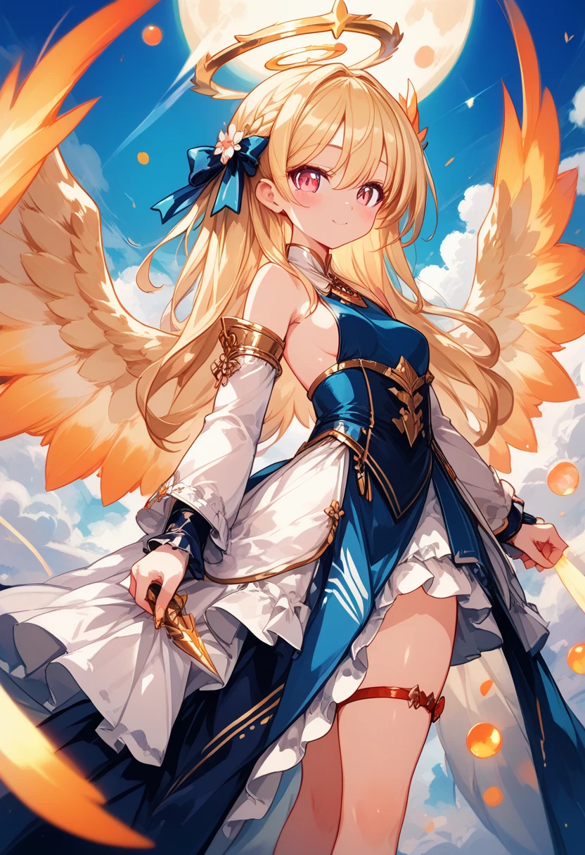 unbeatablemasterpiece,smile,heaven,angel ring on head,wings back,sword right hand,shield left hand