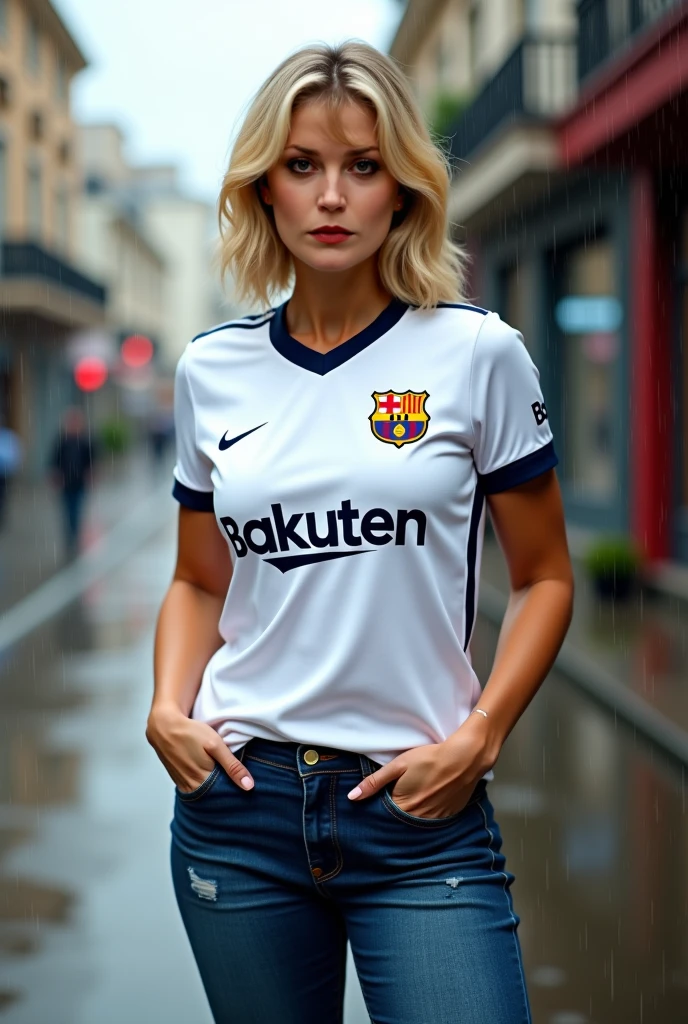 Gigi Hadid white hair, FC Barcelone jersey
