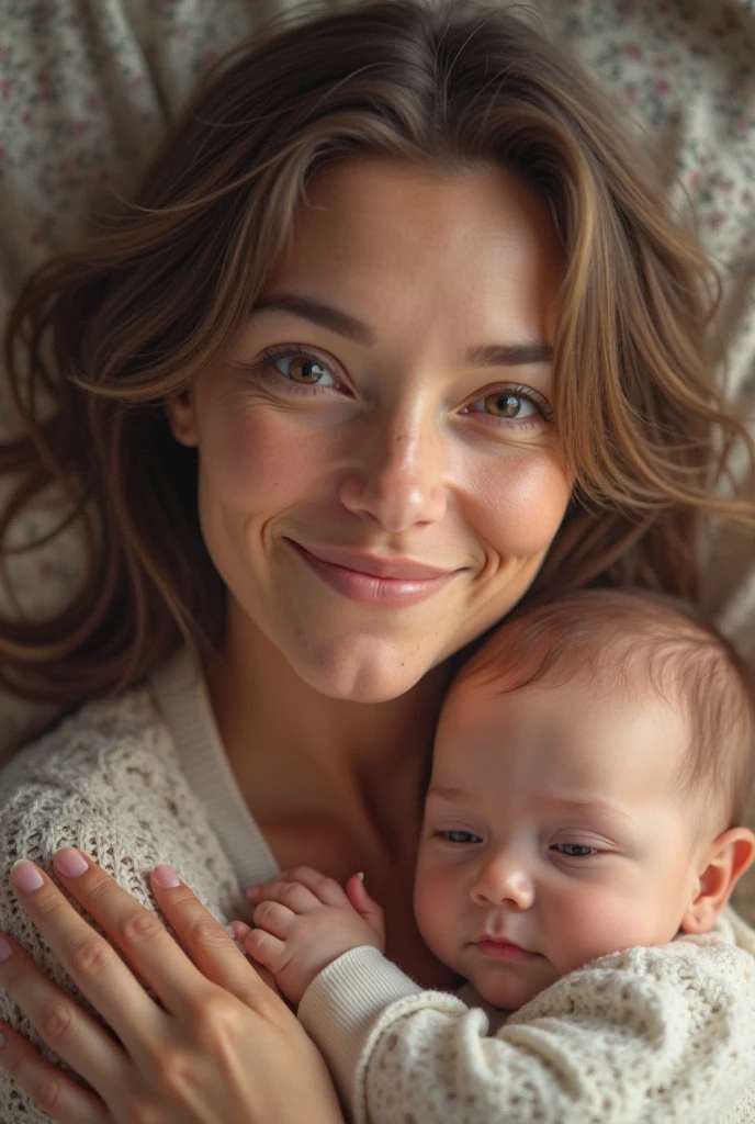 baby, 5 months old, smiling, showing two teeth, hugging his mother from behind Desenho