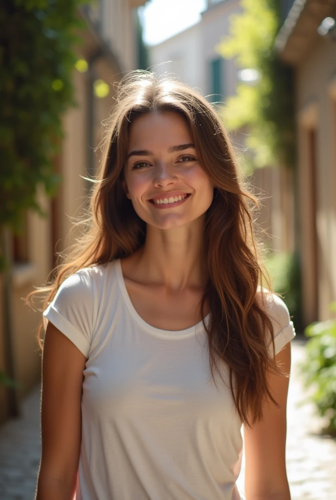 Beautiful woman from italy, realistic eyes, realistic face, slim face, long brown hair, 20 years old, model, smiling, special camera angle, belly tanktop