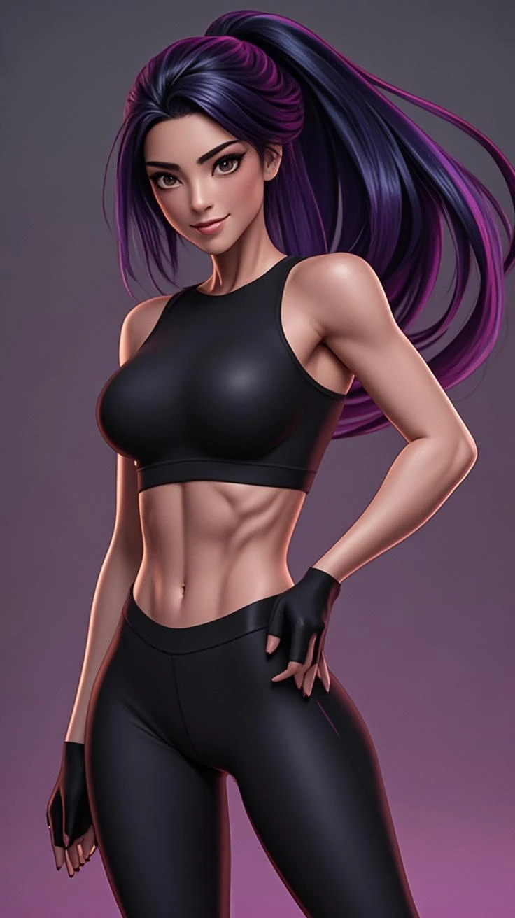 bodybuilder, pretty face, serious face, blue eyes, purple hair, purple eyes, perfect body, sexy body, skimpy outfit, fit body, abdomen, big breasts, muscular, pointy ears, UHD, bokeh, colorful background, side lighting,