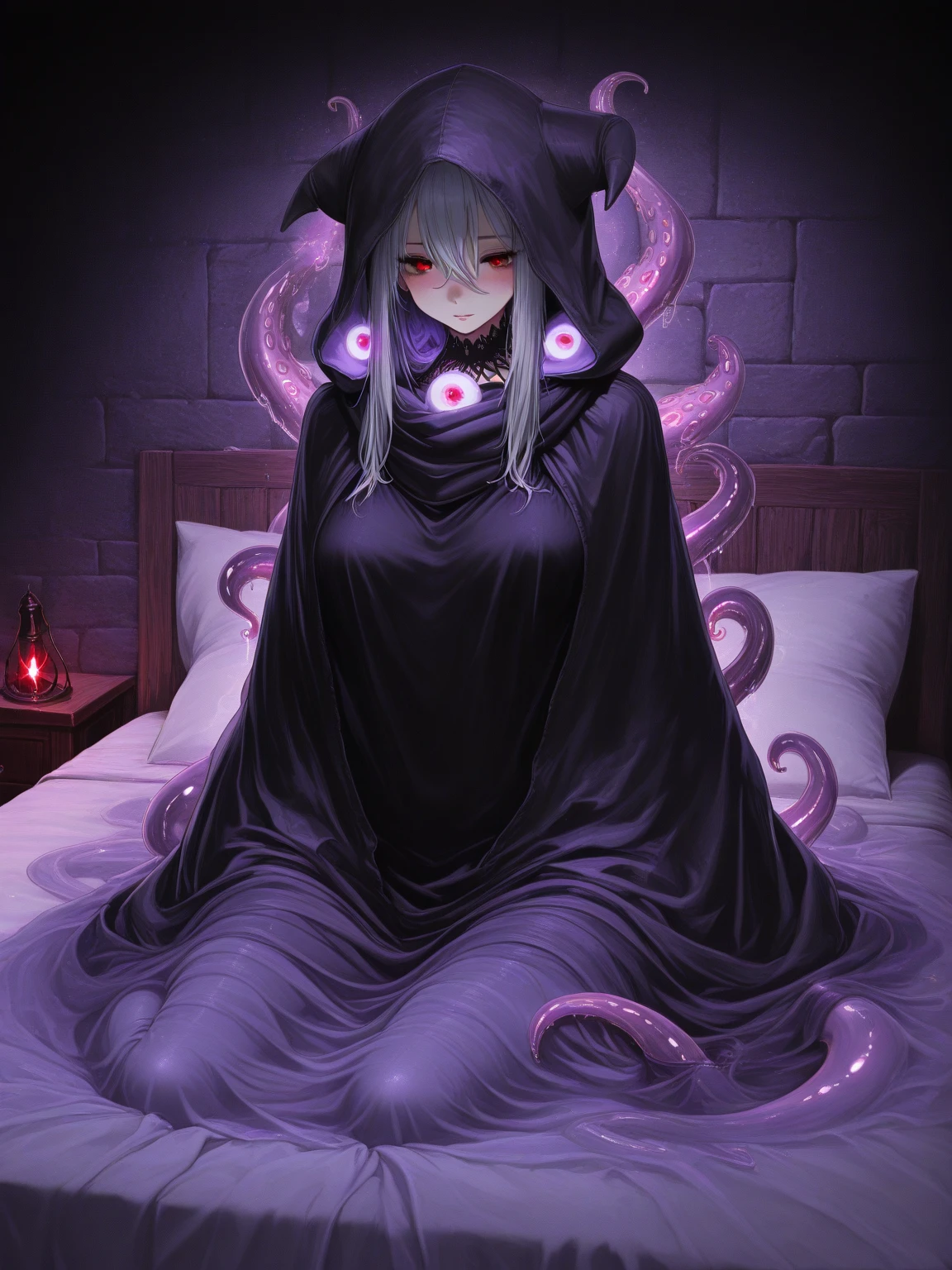 Grim Reaper,faceless,dark skin, wearing oversized cloak(black),medium breast, big hips, surrounded by tentacles(black skin),rape by tentacles, grabbed by tentacles, bedroom, midnight setting, laying on bed,((Kamasutra)),very nsfw.