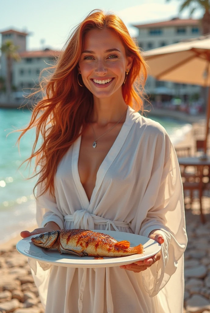 "work of art, best qualityer, details Intricate, realisitic, photorealisitic, Full length, detailed photo of a red-haired woman with the following characteristics: Reddish brown hair, almost 24 years, skin tanned, light-makeup, greeneyes, delicate smile, ultra realisitic face, average athletic build, silicone, round and upturned ass, thin lips with pink lipstick, with hyper-realisitic photography. In a charming restaurant in St.. Maarten, looking out to sea, trying a typical Caribbean dish. She is smiling and holding a plate of seafood, with a table decorated in a tropical style. The sea and sky in the background should highlight the beauty of the place."