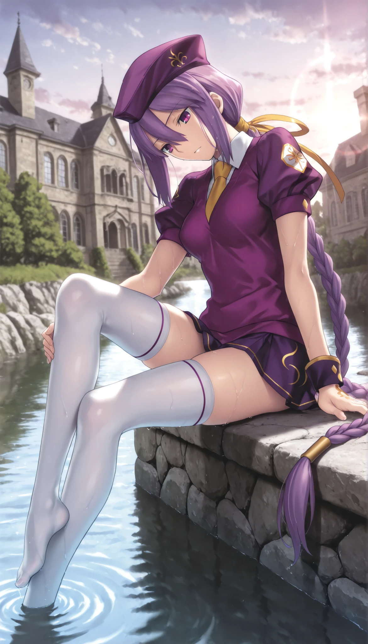 masterpiece, , absurdres, highres, detailed background, high resolution, masterpiece, necessary, detail, best quality, quality, necessary, details, High details, Precise, dark, outdoors, (mansion, ,river), lens flare, blurry background, (in water) ,from side,
1girl, Takeuchi Takashi (type-moon,tsukihime) style, takeuchi takashi style,, (aged up:1.5) ,((very long legs, slim legs)),sitting ,
girl, (slender body, slim arms, slim bod), (Sion) Eltnum (Atlasia) ,sion eltnam atlasia,(fate), purple hair , purple eyes, half-closed eyes, tsurime, hair between eyes ,long bang, long hair , braided hair , braided ponytail , yellow ribbon , EltnumOutfit ,small breasts, light purple sweater ,Juliet sleeve sweater , collared undershirt , white undershirt , undershirt , yellow necktie , short sleeve, , dark purple skirt , miniskirt , gold trim , white thighhighs , single glove , fingerless glove , black glove , dark purple beret , ,((head tilt)), looking down , touching leg,