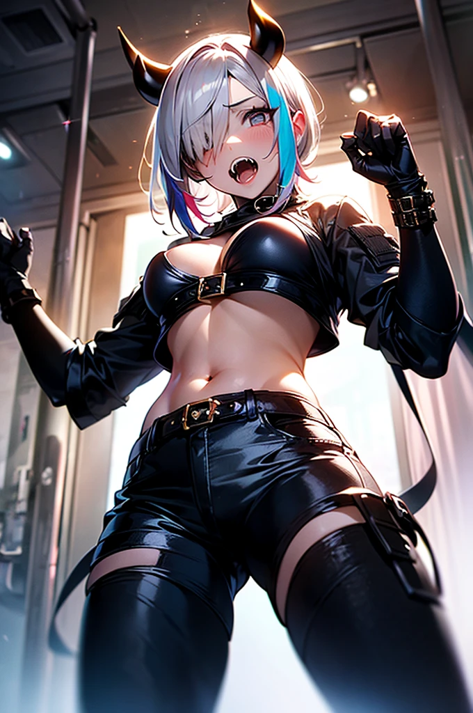 best quality, masterpiece, ultra-detailed, illustration, dynamic pose, Rem from Re:Zero, blue short hair, hair over one eye, (perfectly proportionate body), eyeliner, tired,wearing a leather jacket, adorned with studded accessories, platform boots, layered necklaces, bold patterns, (torn fishnets), dramatic makeup, black nail polish, oversized rings, chains and buckles, black lipstick, busty body, wearing a crop-top, close-up shot, glossy lips, cinematic lighting, volumetric lighting, vibrant colors, ray tracing, intricate