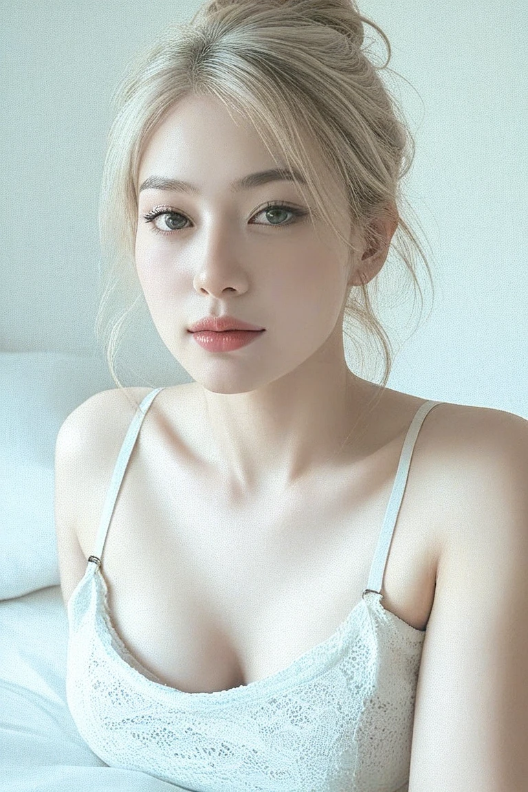 ((Realistic lighting、top-quality、8K、​masterpiece:1.3))、Clear focus:1.2、1girl in、Pretty Face、The most beautiful girl in the world、beauty with perfect body:1.4、Slim abs:1.1、((platinum-blown-hair、Colossal tits:1.3))、(Wearing ultra-thin white lace underwear:1.4、Gray stockings:1.2、)、(night time:1.1)、Super fine face、Narrow-eyed、二重まぶた、Put your hands on your head、(lying on one's side on bed:1.4)、Open your crotch、Seduce me with a sexual expression、Detailed mouth、16-year-old Westerner、Short face、Beautiful light gray eyes that sparkle、Small face beauty、with round face、White beautiful skin、Teak Gloss、glowy skin、long bangs between eyes,、