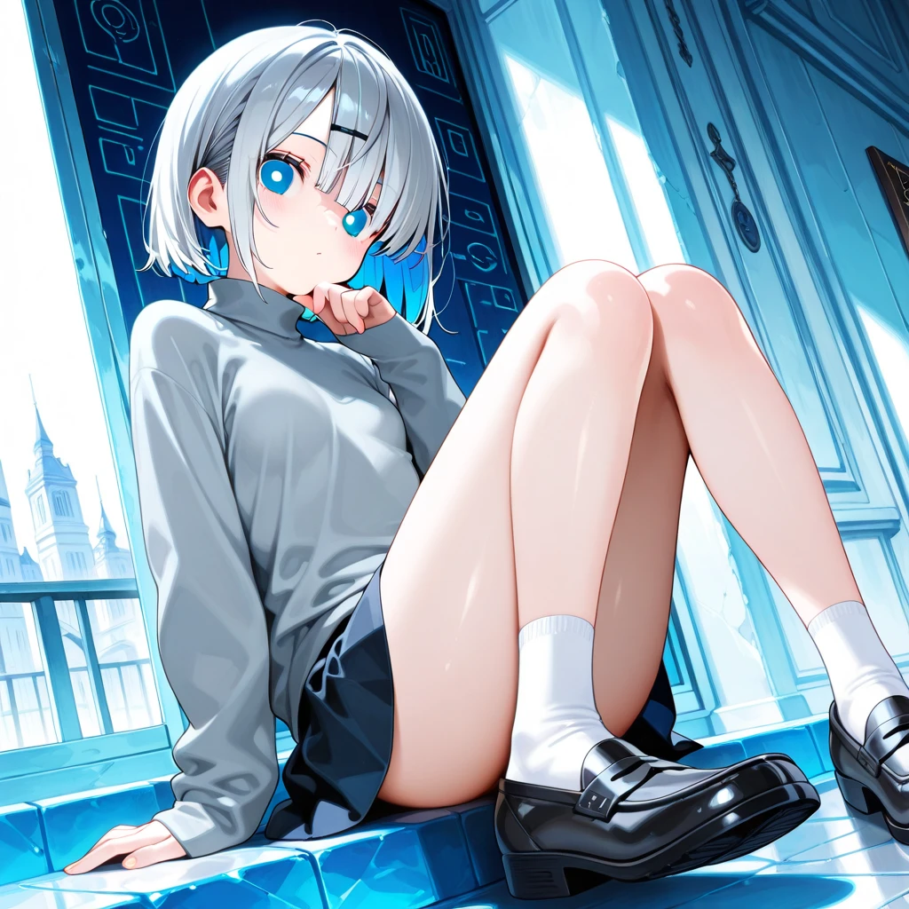 Rain, window, black shorts, short white hair, erect nipples, embarrassed face, black heels, white stockings, open zipper, arms on head, tongue out