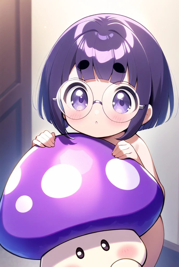 1 young girl, (bob hair, round glasses), nude, show large breasts, round and squishy breasts, nipples, big thighs, show wet pussy, dildo penetrating her pussy deeply, creampie, doggy pose, moaning, masturbating with a dildo in the bathroom. Low angle shot, POV, close up