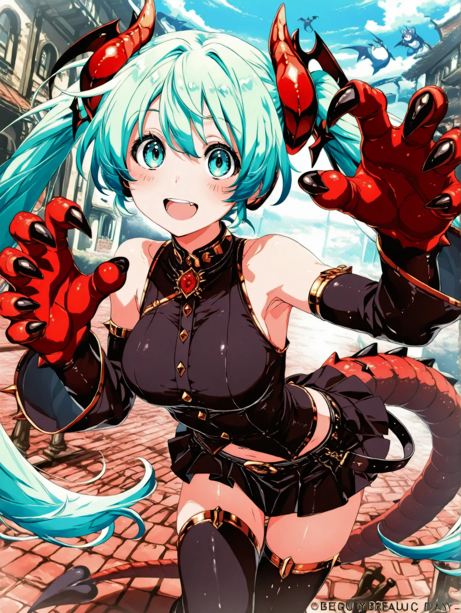 (masterpiece、Highest Quality、Highest Quality、Official Art、beautiful and beautiful:1.2)、(1 girl on break day:1.3)Hatsune Miku、beautiful breasts、light green twin tail、Devil's Horn、black dragon tail、Red and black bishche、miniskirt、 Dragon Claw、bending over and looking at me