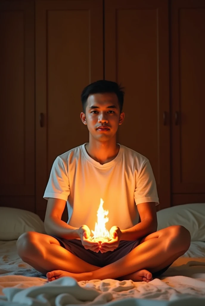 best quality, masterpiece, extremely detailed, masculine, sexy, homoerotic, 25 year old filipino man, wearing glasses, round face with chubby cheeks, muscular build, very cheeky smile, fitted clothes, glowing quartz crystal pendant, bends forward and leaning elbows on a table, round bubble butt, in library, side view, afterhours, lights off, at midnight, cinematic shadows, dreamy atmosphere, perfect face, perfect hands, perfection