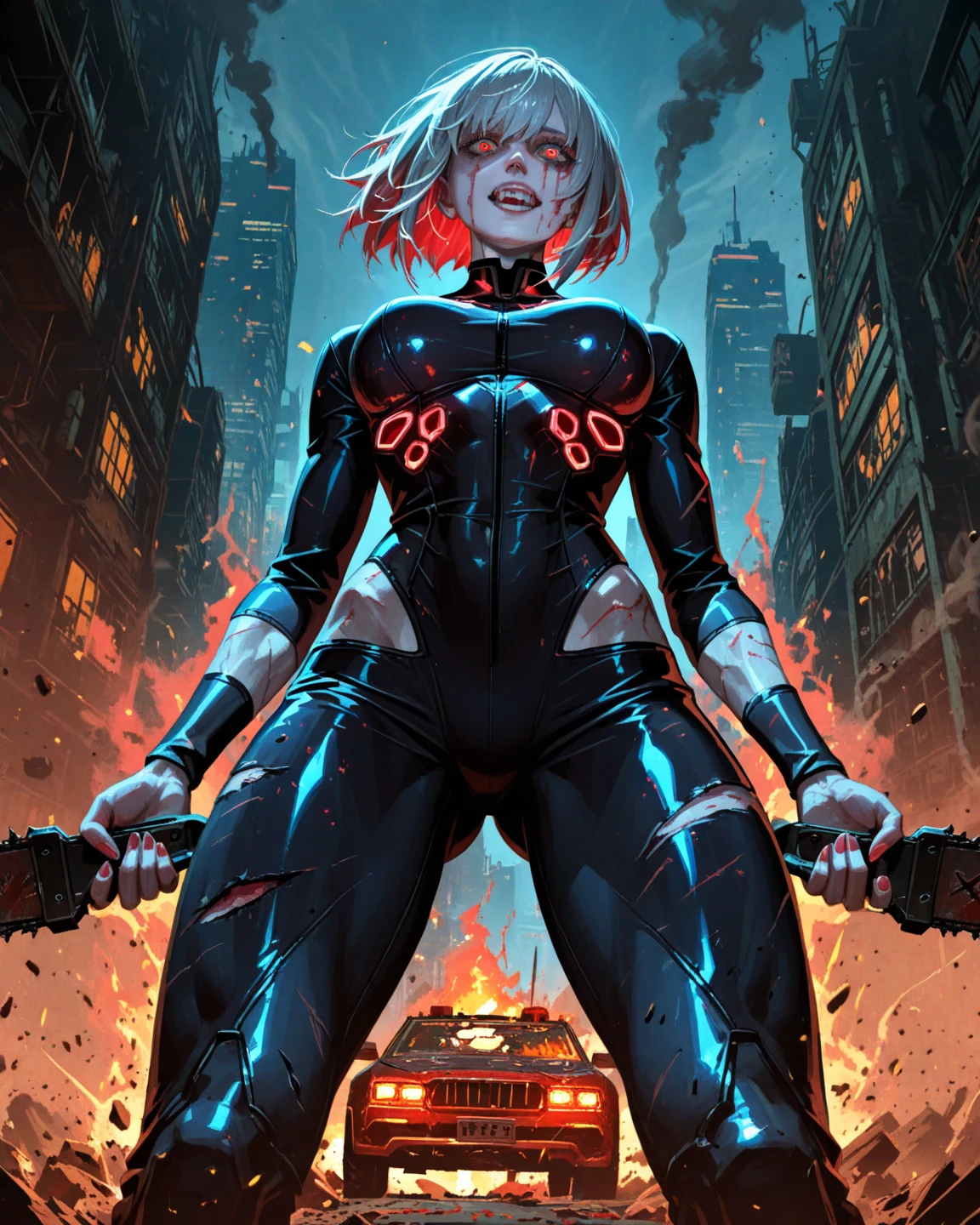 a digital painting of cosmic supergirl with long hair, cyberpunk art by Josan Gonzalez, winner of the contest behance, afrofuturism, synthwave, neon, shiny neon, thick thighs, thin waist, sensual, nsfw, little clothing, erotic art, anime, battle torn clothes, extremely sexualized, sweaty body, NSFW, big breasts, big ass, HD, 8k, High quality, details, perfect body, highlight body,  Detail on perfect face, detail in background