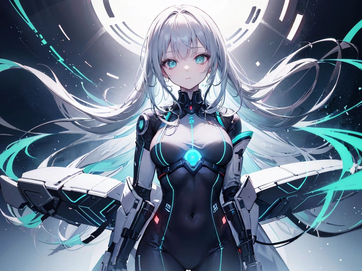 science fiction, android girl(metallic skin, cyber joint, upper left-arm), bird-eye view, Full body portrait