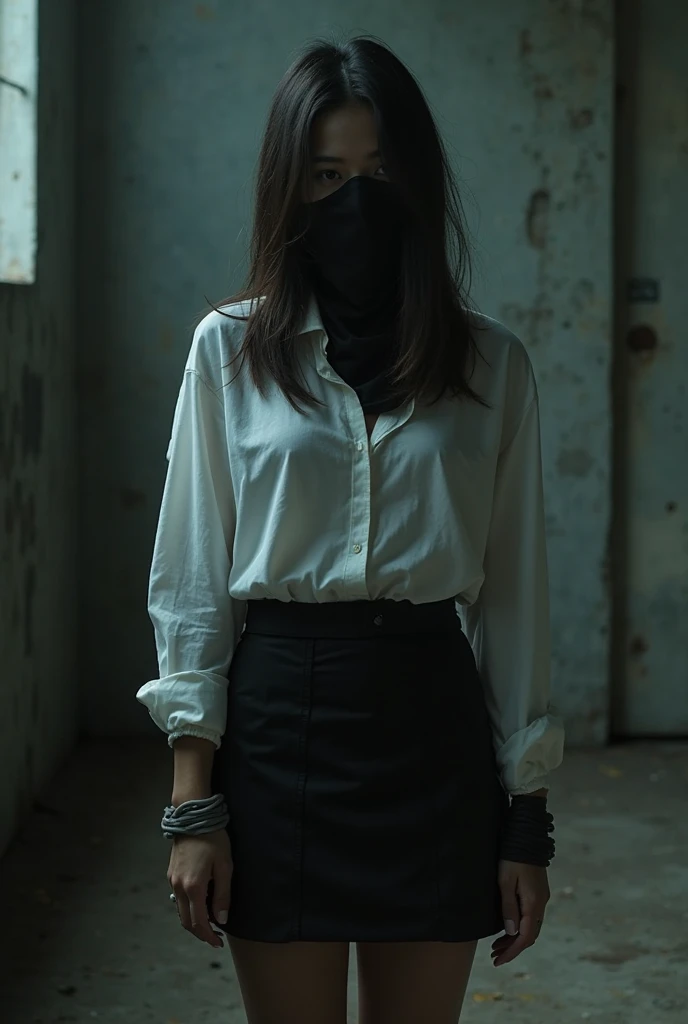 Create a long black haired woman wearing a balaclava and full black pajamas,Whole body,being shot by a gun
