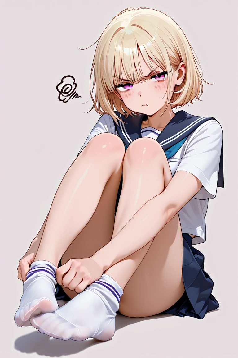 woman、Flat chest、Distended belly、A shirt with the bottom button undone、Black Skirt、Short blonde hair、Sweat、Tired look、Sit with your legs stretched out on the floor