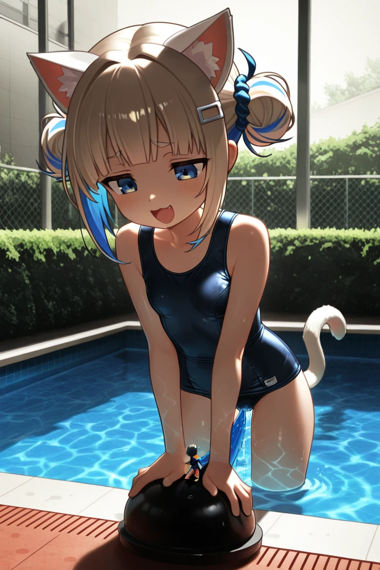 masterpiece,Highest quality,Cute doodles,Hilarious, Honor student, 8-year-old,Low length,Curly Hair, Twin tail hair,Vibrant, inquisitive eyes,freckles,Thick eyebrows,Open Fly,Swim in a simple pool in your garden,Jojo Fashion,Water gun,Wet body,たくさんのsplash,Water Drop,enjoy playing in the water,splash, Sheer one-piece white swimsuit for children,