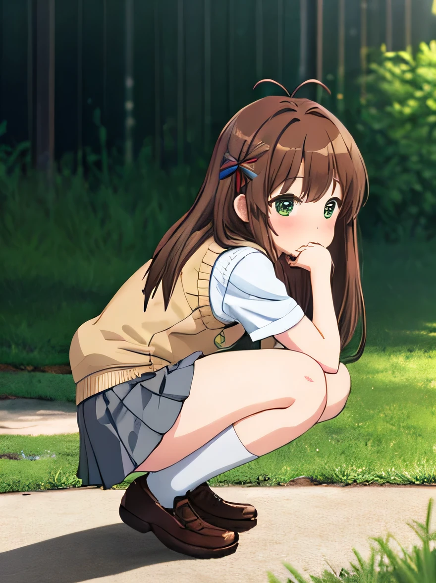 (masterpiece, top quality, nsfw), EXTREMELY detailed CG Unity 8k wallpaper, high definition, bold composition, masterpiece, best quality, amazing quality, very aesthetic, high resolution, ultra-detailed, absurdres, newest, scenery, depth of field, lighting , artistic composition screencap, flat anime, 1 girl, non-committal, dwarf, school uniform, sweater vest, neck ribbon, brown hair, long hair, antenna hair, bangs, 5 heads tall, tiny breasts, short legs, stocky legs, green eyes, Squatting with legs open, from the side, turning around, peeing self, (peeing), nose blush, gray skirt, cover she's face with one's hands