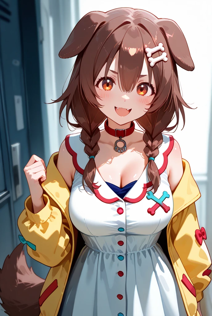 (muste piece), (best quality), (score_9, score_8_up, score_7_up), very detailed eyes, expressive eyes, perfect face, very detailed face, highly detailed face, beautiful girl, 8K, beautiful girl, white background, delicate and beautiful face and eyes, dark intense shadow, 1 girl, vtuber style, cool girl, hololive,  Inugami korone, animal ears, bone hair ornament, brown hair, hair ornament, twin braids, dress, braid, claw pose, dog ears, white dress, yellow jacket, nail polish, collar, long hair, close mouth, red collar, hair between eyes, bangs, wristband, dog girl, low twin braids, smile, fangs, brown eyes, bracelet, open jacket, buttons, hairclip, open clothes, short dress, long sleeves, underpants, cameltoe, big chest, shy expression, blush, (full body), doggystyle, sweating, from back, ass focus,