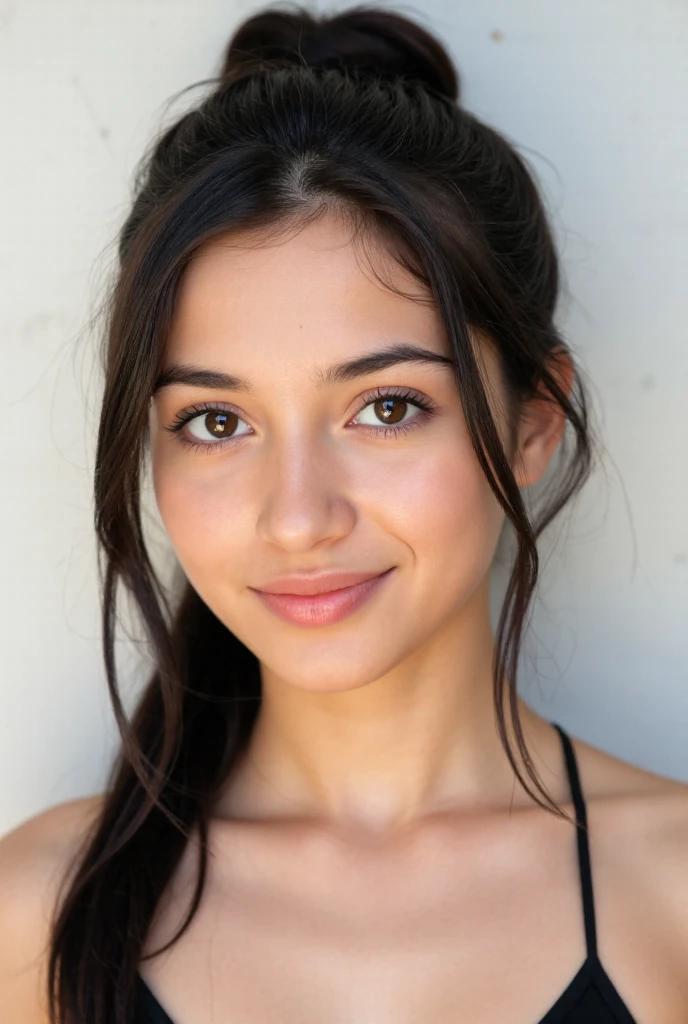 1 mexican girl, 25 years old, Long Wavy black Hair, dark brown eyes, black hair, nude, cleavage, smiling