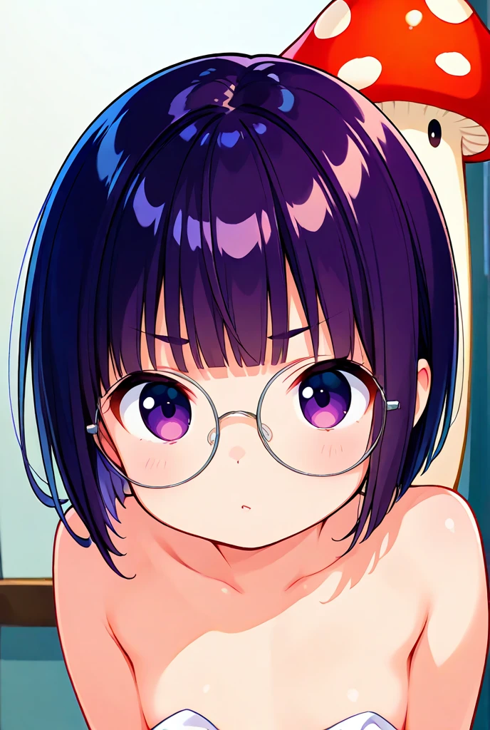 (masterpiece), (highest quality), ((Super detailed))、(super delicate)、Cute naughty peasant girl、Pastel colors hair、medium breasts、Thighs、Gorgeous、black hair, short hair, (low twintails), glasses, standard height, (anxious face:1,2、blush:1.2, quiet personality:1.2, shy), (naked)