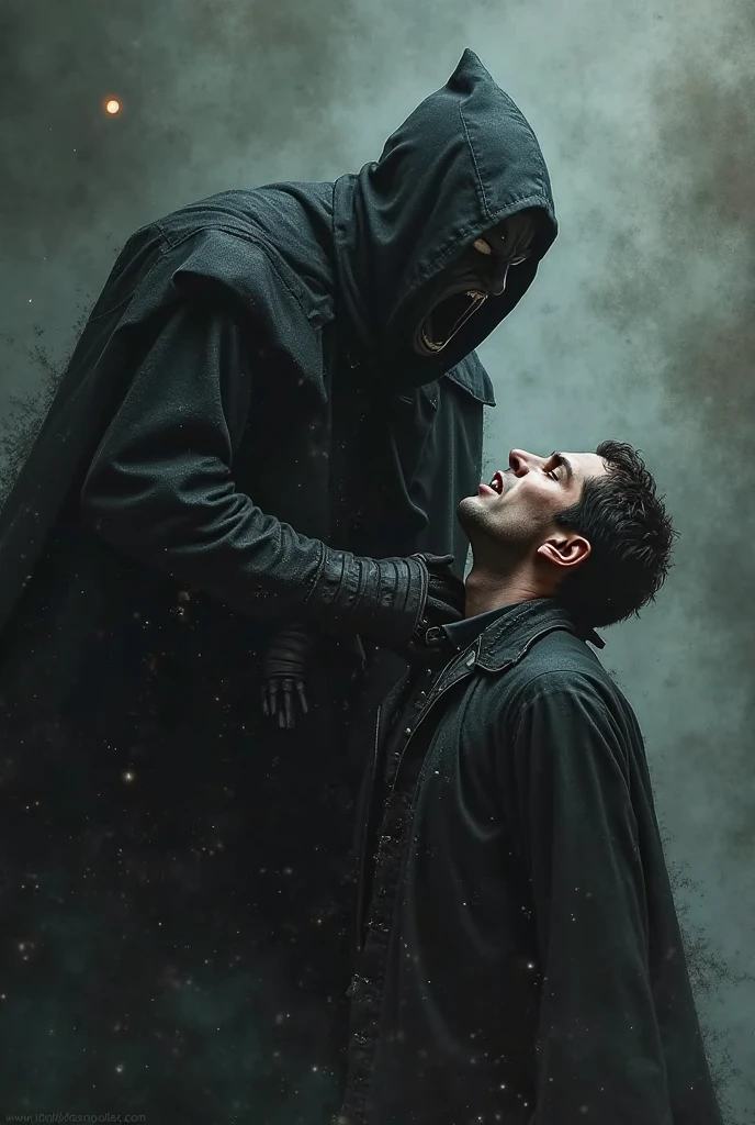 close up of a horrified man's soul being sucked by a  mysterious hooded creature with gleaming yellow eyes walking in public in a busy night city, nightmare 