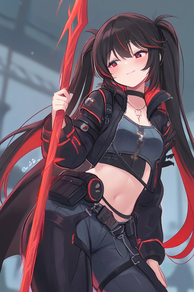 dark skin, dark long hair, red eyes, biker shorts, demonic, young, tsundere,