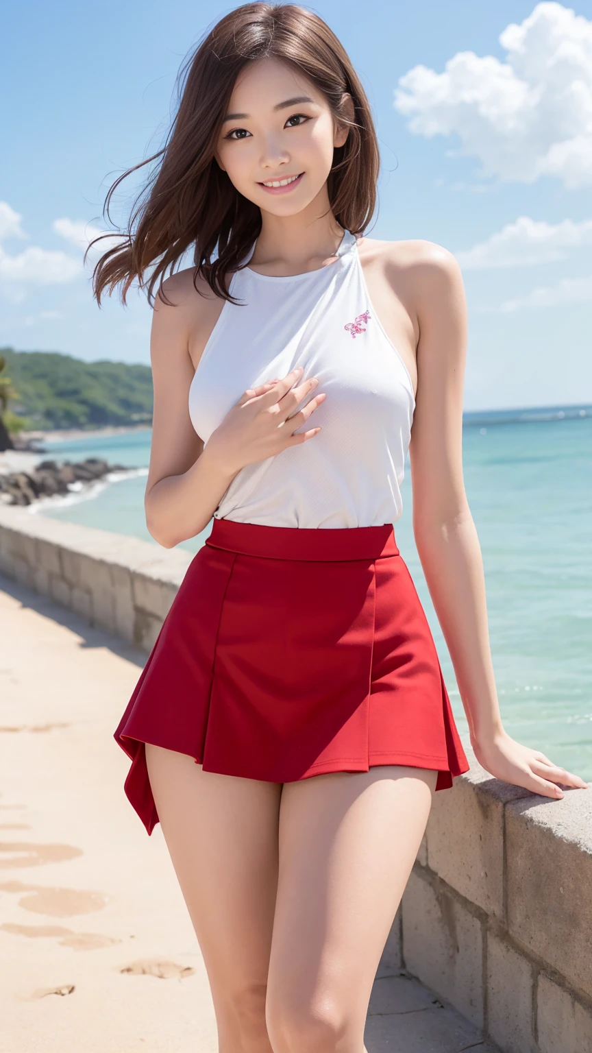 highest quality、8k、Realistic、1 girl、23 years old、Above the knee shot,、(Embarrassing)、(Panty shot、Back view、Angle looking up from the feet:1.4、Beach、walk)、(Short wavy blonde bob hair:1.4、(Red pencil mini skirt with slit:1.4)、Skirt fluttering in the wind、Black sleeveless off-shoulder、(White lace panties)、(Beautiful thighs,Beautiful ass),((nsfw)),