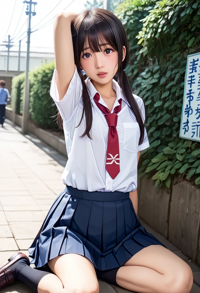 very cute and beautiful girl,(highly detailed beautiful face and eyes),(smile),blush,black hair,standing,serafuku,pleated navy blue mini skirt,(skirt lift,white panties), summer,school rooftop,building,chain-link fence, (best quality,masterpiece:1.0),absurdres,highres,ultra-detailed,extremely detailed,32k,8k resolution, intricate details,cinematic scene,detailed background,solo,dynamic angle,