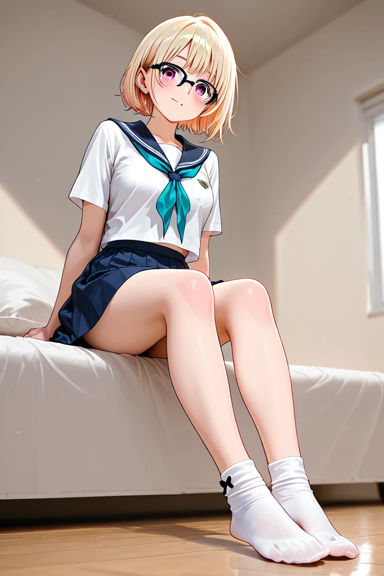High school girl in white shirt、Sailor suit made of cotton fabric、a dark night、During sexual activity、control、Shot from the top of the front、Sexual References、Face photography、Top image quality、background in a hotel、lying on the bed、large full breasts、inside in room、Arms up、Anime-style drawings、uneasy、blushed face、Shamefully、Blonde Bob Cut、Dark blue mini skirt、М字開脚、white panties