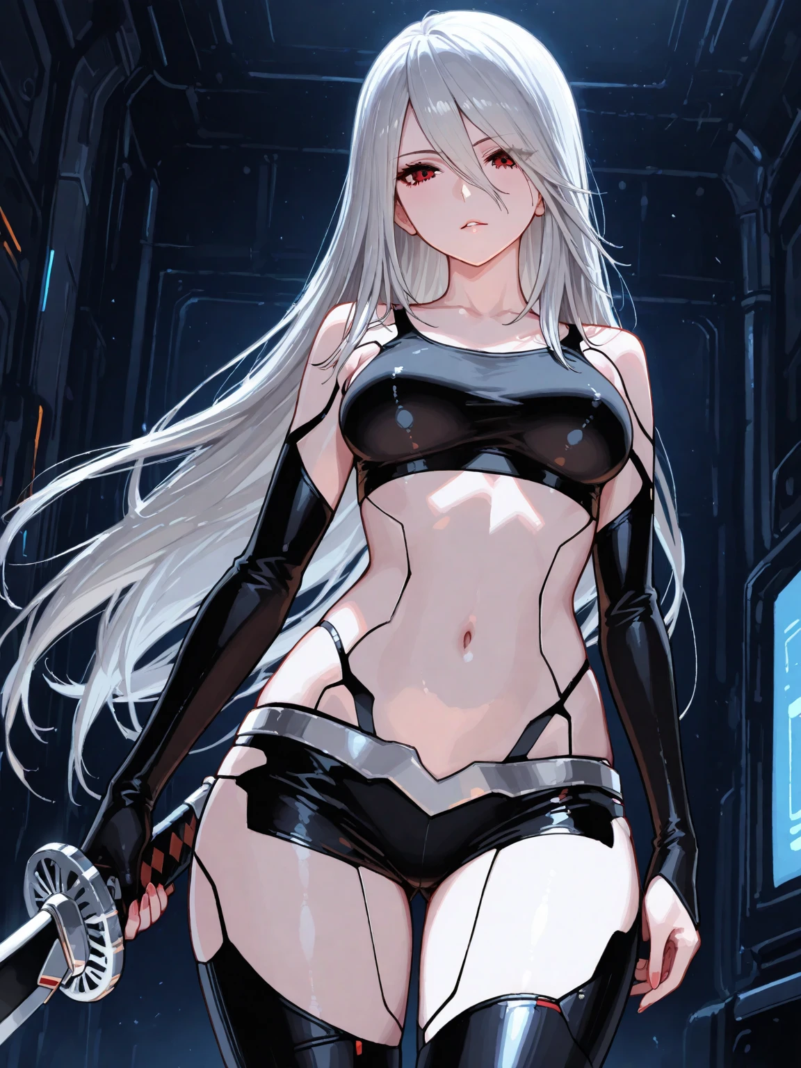 agirl, anime girl, mature woman, silver hair, taimanin, (extra long straight hair), (silver latex suit) ((silver tights)), tights, symmetrical clothing, ( night background), cyberpunk, cyberpunk, (beautiful eyes, sharp eyes, symmetrical eyes, cold face, full body), (high level of detail), perfect proportions, (big tits), big ass, add_dedail:1.5