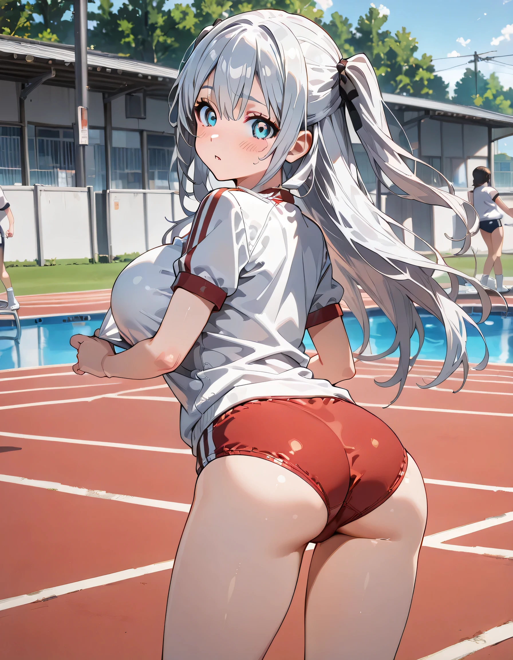 muste piece、masterpiece、highest quality、Super detailed、High resolution、8K portrait、High definition CG of Unity 8k wallpaper、cute type little:1.5、Lori:1.5、Highly detailed CG unity 8k wallpaper、Realistic、real person、 portrait photography、shiny skin、High definition、(:1.2)、(1 girl)、beautiful clear eyes、extremely detailed description、delicate face、nice lips、slender body、medium breasts 同 thin waist、thin legs、(Atlantic stadium track:1.6)、1 girl, cute type, perfect face, seriously, (blush:1.5),(silver hair long hair:1.3),medium breasts 同,((short sleeve gym clothes:1.2)),(((clothes lift:1.5))),(I have nipples:1.5),((climax in vagina:1.6)),gran