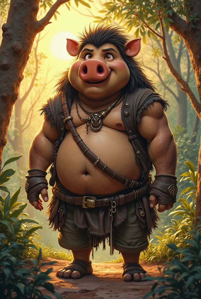 "A humanoid pig character with a large, overweight body and a rusty old metal right arm. The character has long tusks, a scraggly beard, and is holding a wooden staff. The pig-man is depicted walking through a mysterious, dense forest, with fog creeping through the twisted trees and shadows lurking in the background. The atmosphere is eerie and dark, matching the character's intense and focused expression."