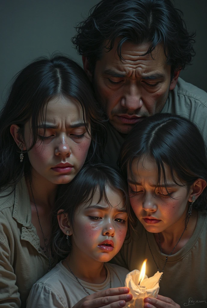 Fais une photo d'un homme de 42 ans jeune technicien qui est pauvre avec sa femme et ces enfants triste