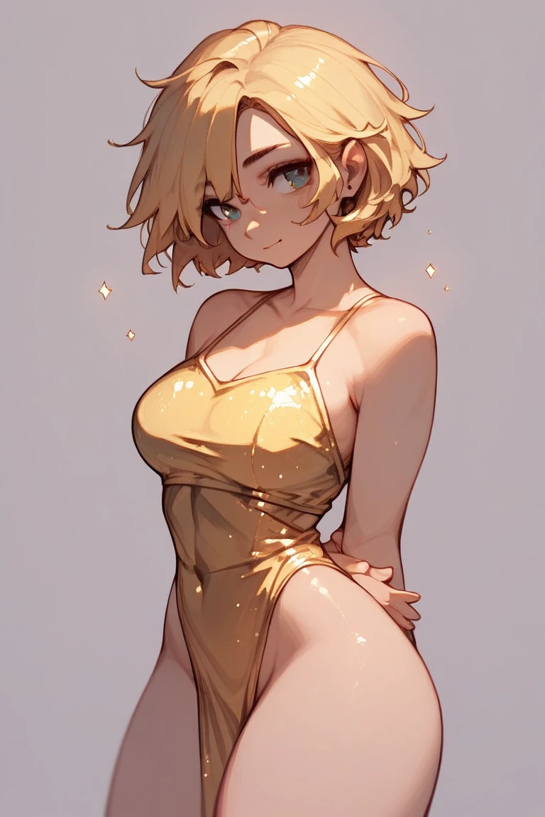 woman, 1 person, body muscle, Tomboy, Small breasts, short stature, Eye Color Hazel:, Skin color: Dark tan, hair color: Dirty Blonde, Hairstyle: Short wavy and romper hair, Color base: yellow，Erect nipples