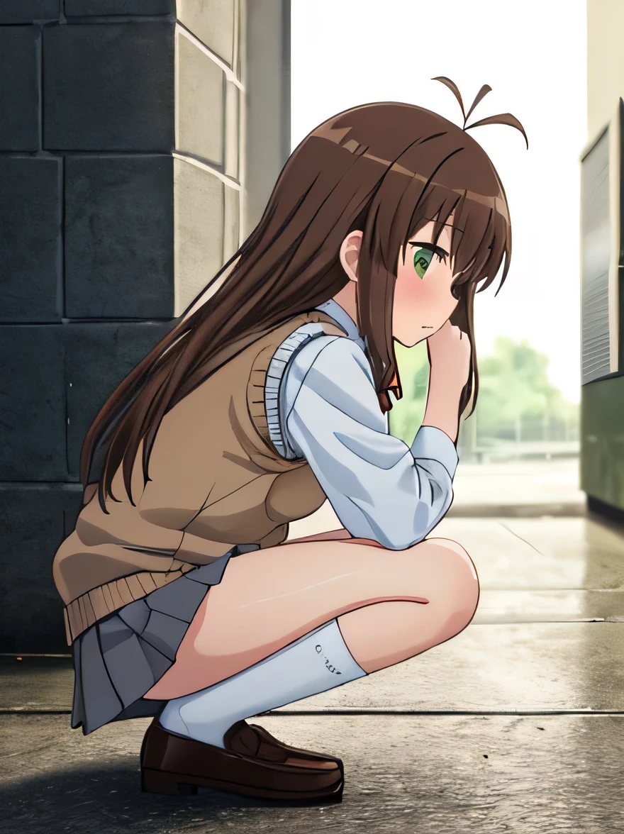 (masterpiece, top quality, nsfw), EXTREMELY detailed CG Unity 8k wallpaper, high definition, bold composition, masterpiece, best quality, amazing quality, very aesthetic, high resolution, ultra-detailed, absurdres, newest, scenery, depth of field, lighting , artistic composition screencap, flat anime, 1 girl, non-committal, dwarf, school uniform, sweater vest, neck ribbon, brown hair, long hair, antenna hair, bangs, 5 heads tall, tiny breasts, short legs, stocky legs, green eyes, Squatting with legs open, from the side, turning around, peeing self, (peeing), nose blush, gray skirt, cover she's face with one's hands