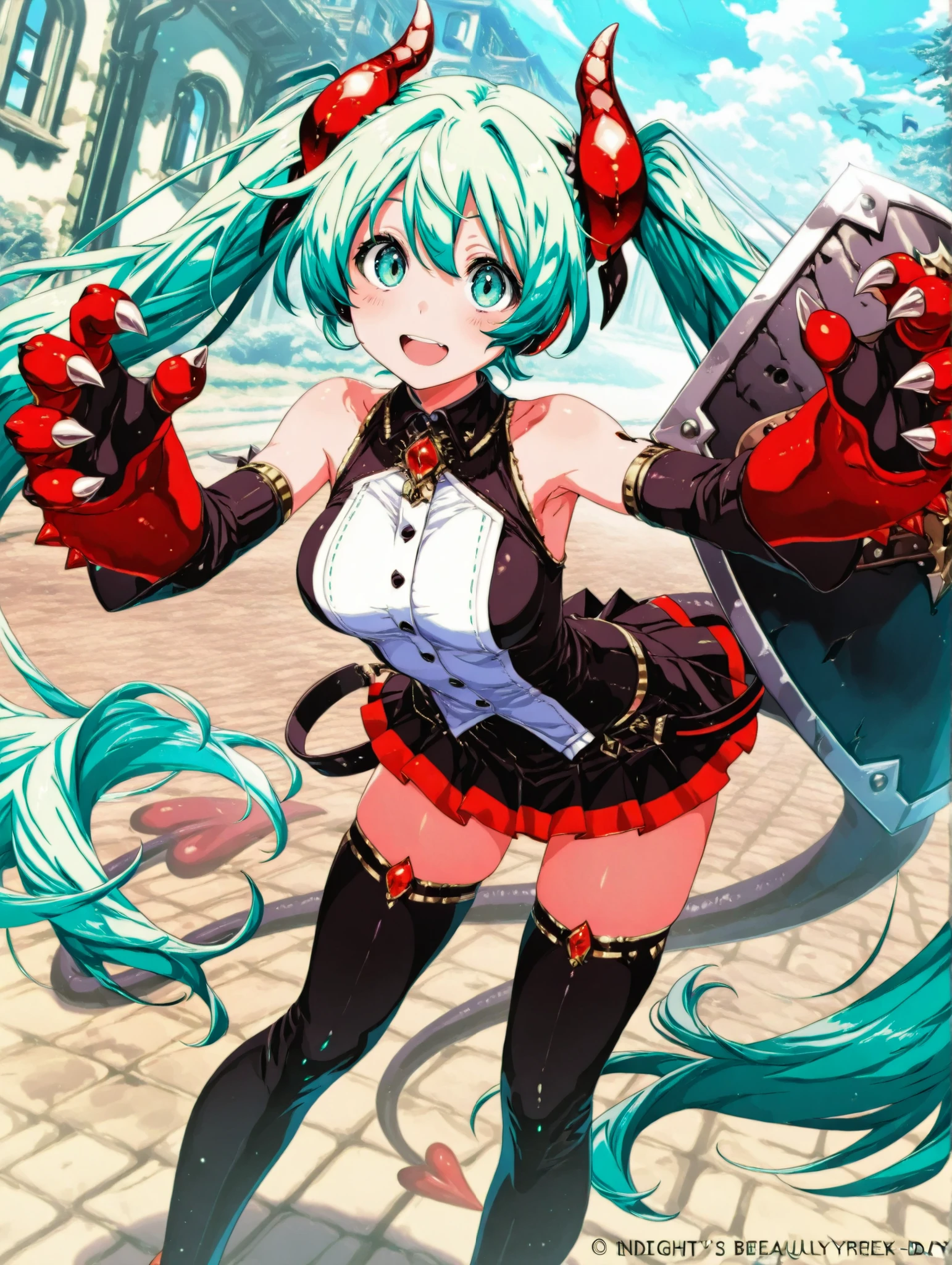 (masterpiece、Highest Quality、Highest Quality、Official Art、beautiful and beautiful:1.2)、(1 girl on break day:1.3)Hatsune Miku、beautiful breasts、light green twin tail、Devil's Horn、black dragon tail、Red and black bishche、miniskirt、dragon shield、 Dragon Claw、bending over and looking at me