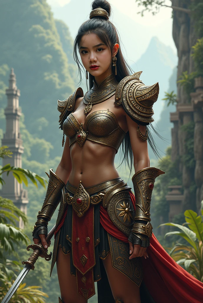 Full body, there is a woman in an elegant dress, open dressing, long hair, navel showed, smile, temple on the background, fantasy art , stunning art, epic fantasy portrait, Alexandra Fomina Artstation, detailed matte costume , Behance costume , stunning portrait, 8k high-quality detailed art, Hyper-detailed fantasy character, 4K fantasy art., she is an archer, is holding a golden bow, ultra-realistic, hyper-realistic, ultra-detailed, --v6