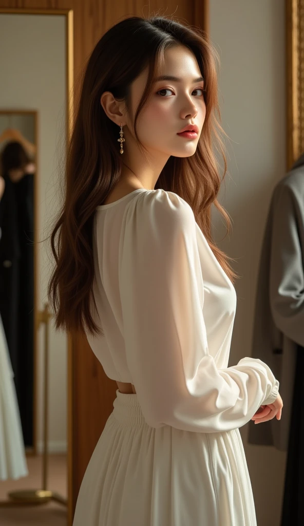masterpiece, best quality, ultra-detailed, kawaii, cute, lovely, extremely detailed, 4K, 8K, best quality, beautiful, a pretty woman, japanese woman, solo, white blouse, skirt, beautiful light brown hair, beautiful brown eyes, beautiful eyes, long hair, large breast, from behind,