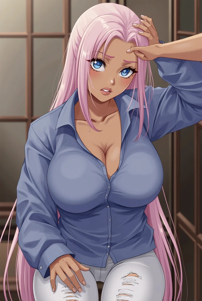 Beautiful girl, hot girl, detailed face, detailed eyes, detailed hair, detailed body, hanging boobs, change background, 8k, realistic, ultra realistic, school uniform, ((Akari watanabe)), pink hair, blue eyes.