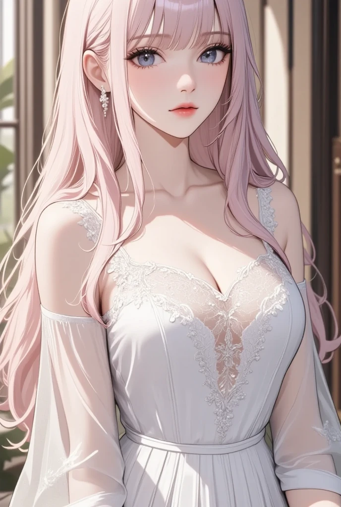 (Photorealistic) woman with (Long, Flowing) lavender hair, (Fair, porcelain) skin, Sit leisurely in the café, (relaxing), Sip a cup of coffee. She is wearing a (semi transparent, sheer) White blouse, adorned with (subtle, Delicate) Red bracelet. The café was packed (soft, warm) Lighting that creates a relaxing atmosphere. (Vivid colors) Embrace the scene, Create an (Dreamlike, Ethereal) ambiance.